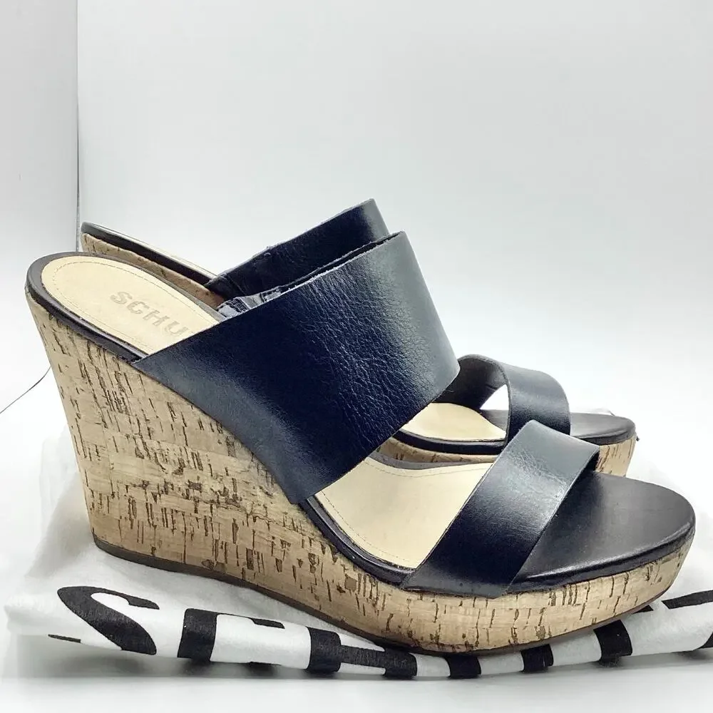 Schutz Kai Soft Black Leather Slip On Cork Wedge Sandal 10 NEW Dustbag